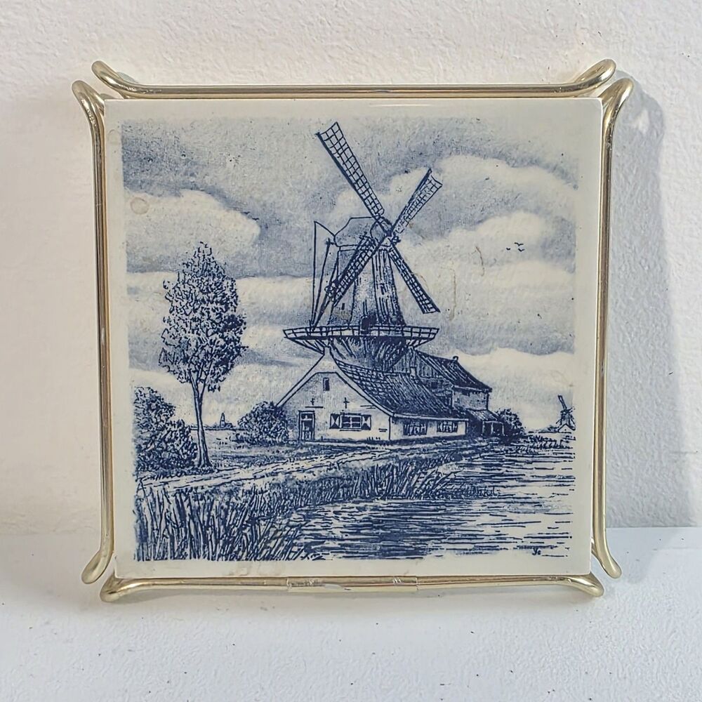 Delft Blue Holland Hand Painted Windmill Tile Trivet 6" x 6" Gold Frame EUC